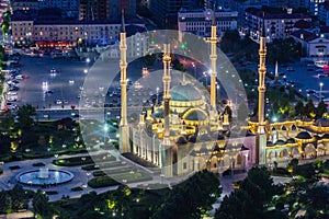 Evening view of Akhmad Kadyrov Mosque officially known as The Heart of Chechnya in Grozny, Russ