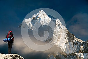 Evening view of Ama Dablam with tourist