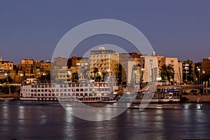 Evening view of Aswan skyline and the river Nile, Egy