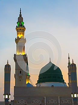 An evening view from the Masjid Nabawi in Medina. Dome of Prophet Muhammad's Mosque