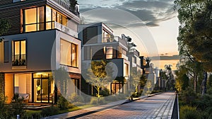 Evening view of the beautiful residential houses of modern architecture
