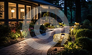 Evening View of a Beautifully Lit Garden Path Leading to a Cozy House, Landscape Lighting Enhancing Home Curb Appeal and