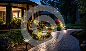 Evening View of a Beautifully Lit Garden Path Leading to a Cozy House, Landscape Lighting Enhancing Home Curb Appeal and