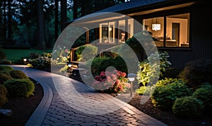 Evening View of a Beautifully Lit Garden Path Leading to a Cozy House, Landscape Lighting Enhancing Home Curb Appeal and