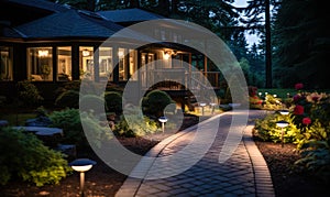 Evening View of a Beautifully Lit Garden Path Leading to a Cozy House, Landscape Lighting Enhancing Home Curb Appeal and