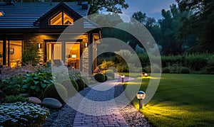 Evening View of a Beautifully Lit Garden Path Leading to a Cozy House, Landscape Lighting Enhancing Home Curb Appeal and