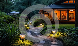 Evening View of a Beautifully Lit Garden Path Leading to a Cozy House, Landscape Lighting Enhancing Home Curb Appeal and