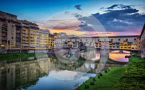 Evening view of the bridge Ponte Vecchio on the river Arno in Florence, Italy