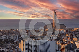 Evening view of Casablanca cityscape with Mosque Hassan II in Morocco