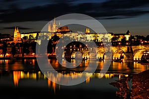 Evening view of Charles bridge, Prazsky Hrad and Vltava river.