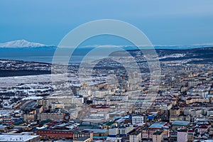 Evening view of the city of Magadan. Northern Russian city on the coast of the Sea of â€‹â€‹Okhotsk.