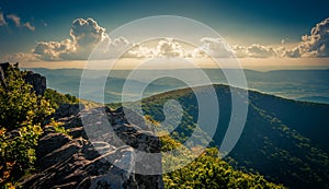 Evening view from cliffs on Hawksbill Summit, in Shenandoah National Park, Virginia. photo