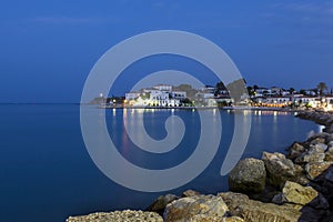 Evening view of a coastal town in Greece.