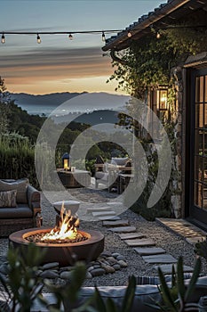An evening view of a cozy outdoor seating area with a fire pit, surrounded by nature and a rustic building