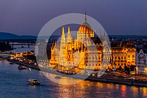 Evening view of Danube river and Hungarian Parliament Building in Budapest, Hunga