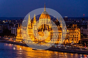 Evening view of Danube river and Hungarian Parliament Building in Budapest, Hunga