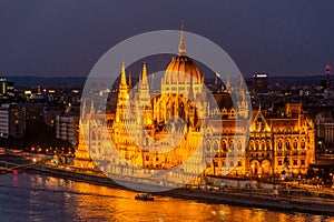 Evening view of Danube river and Hungarian Parliament Building in Budapest, Hunga