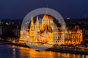 Evening view of Danube river and Hungarian Parliament Building in Budapest, Hunga