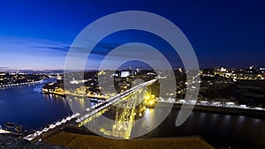 Evening view of Dom Luis Bridge over Duoro river in City of Porto, Portugal