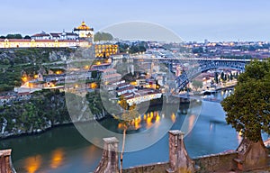 Evening view of Dom Luis I Bridge and Duoro river, Porto, Portug