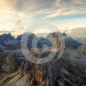 Evening view of Drei Zinnen or Tre Cime di Lavaredo