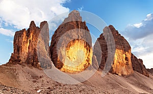 Evening view of Drei Zinnen or Tre Cime di Lavaredo