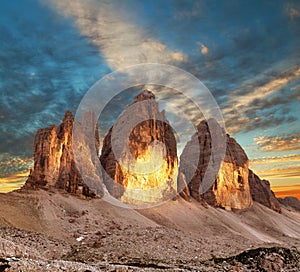 Evening view of Drei Zinnen or Tre Cime di Lavaredo