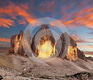 Evening view of Drei Zinnen or Tre Cime di Lavaredo