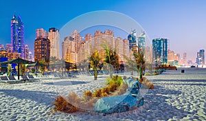 Evening view on Dubai Marina and Jumeirah beach in luxury Dubai city