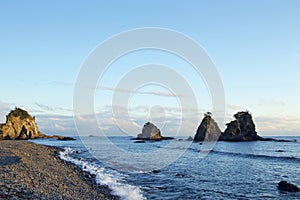 Evening view of Ebi-iwa in Izu, Japan.