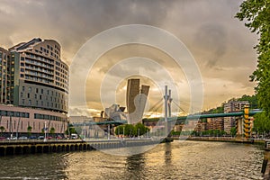 Evening view at the Embankment of Nervion river with La Salve bridge in Bilbao - Spain