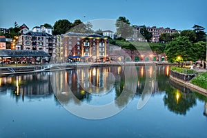 An evening view of Exeter Quay in Devon, UK and the Exe River.