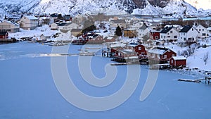 Evening view of famous traditional multicoloured wooden fishing houses rorbu