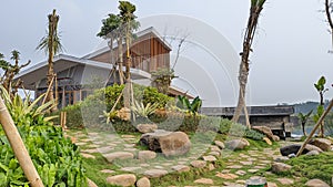 Evening view of the garden courtyard by the lake