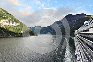 Evening view of Geirangerfjord from deck of cruise ship, Norway - Scandinavia