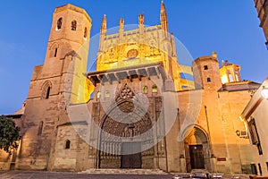 Evening view of the Holy Cathedral of the Transfiguration of the Lord in Huesca, Spai