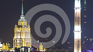 Evening view of the Hotel Ukraine and the Ostankin Tower from the observation deck on the Sparrow Hills in Moscow