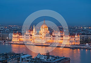 Evening view of the Hungarian Parliament Building on the bank of the Danube in Budapest, Hungary