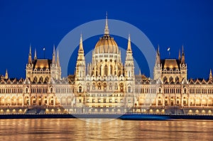 Evening view of the Hungarian Parliament Building on the bank of the Danube in Budapest, Hungary