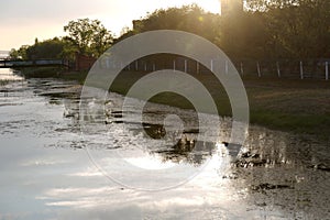 Evening view of the Kopa river in the center of the city of Kokshetau, Republic of Kazakhstan in summer