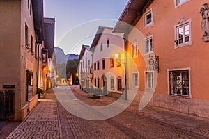 Evening view of Ludwigstrasse street in Garmisch-Partenkirchen, Bavaria state, German