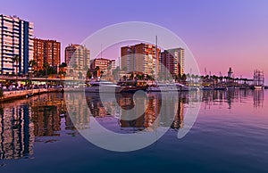 Evening view of Malaga Port and Muelle Uno Pier, Spain