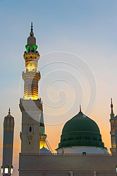 An evening view from the Masjid Nabawi in Medina. Dome of Prophet Muhammad's Mosque