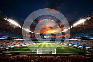 Evening view of a modern and beautiful soccer stadium with floodlights