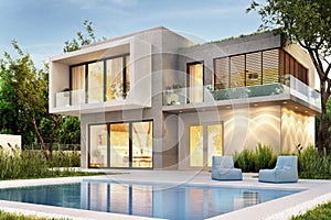 Evening view of a modern home with lighting and a swimming pool