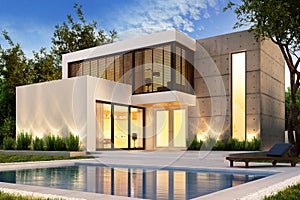 Evening view of a modern house with swimming pool