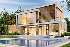 Evening view of a modern large house with swimming pool