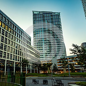 Evening view of modern part of Slovakia capital city Bratislava, business district