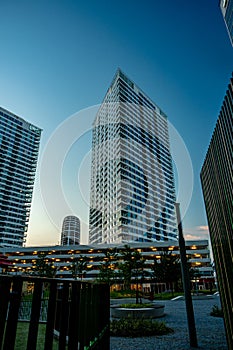 Evening view of modern part of Slovakia capital city Bratislava, business district