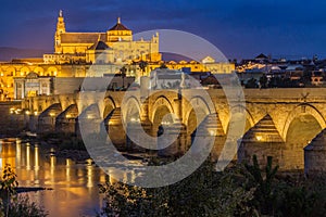 Evening view of the Mosque-Cathedral and Roman Bridge in Cordoba, Spa